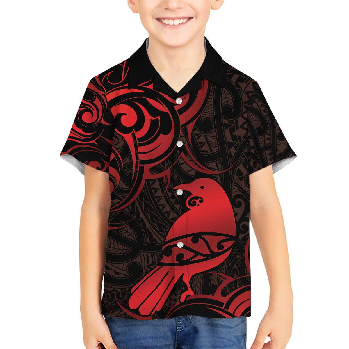 New Zealand Tui Bird Family Matching Short Sleeve Bodycon Dress and Hawaiian Shirt Aotearoa Maori Pattern - Red LT14 Son's Shirt Red - Polynesian Pride