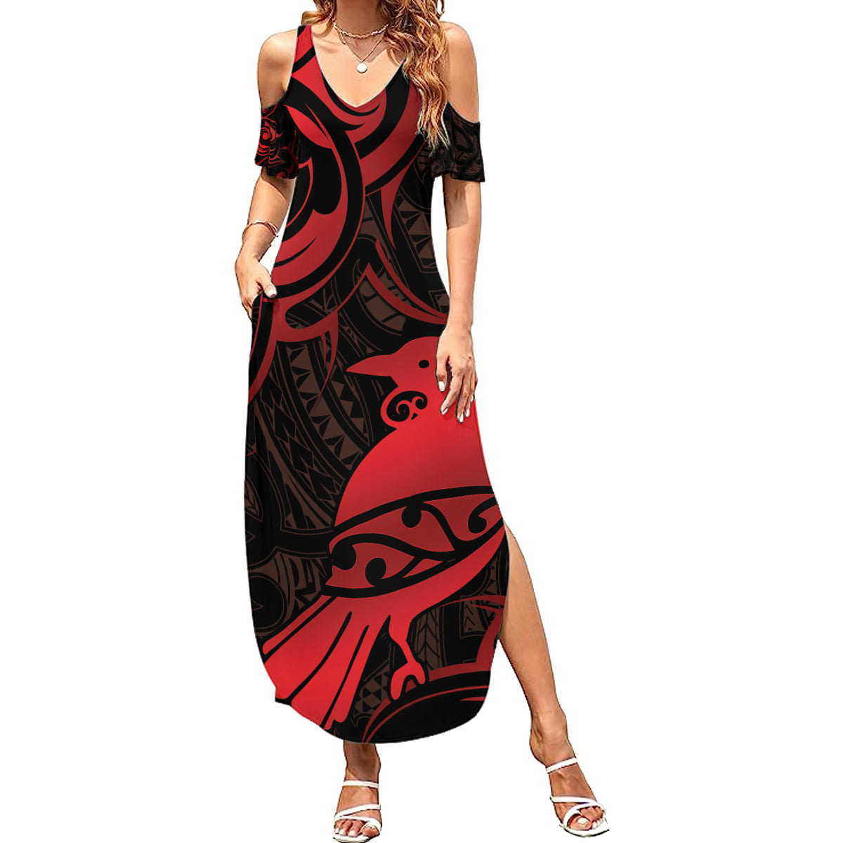 New Zealand Tui Bird Family Matching Summer Maxi Dress and Hawaiian Shirt Aotearoa Maori Pattern - Red
