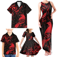 New Zealand Tui Bird Family Matching Tank Maxi Dress and Hawaiian Shirt Aotearoa Maori Pattern - Red