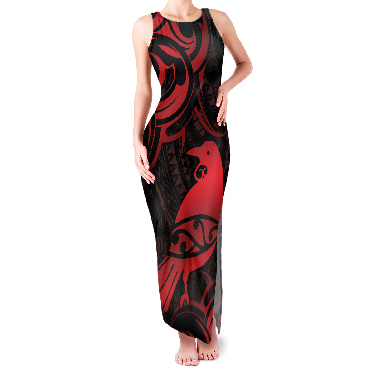 New Zealand Tui Bird Family Matching Tank Maxi Dress and Hawaiian Shirt Aotearoa Maori Pattern - Red