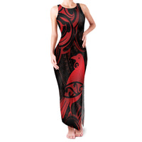 New Zealand Tui Bird Family Matching Tank Maxi Dress and Hawaiian Shirt Aotearoa Maori Pattern - Red