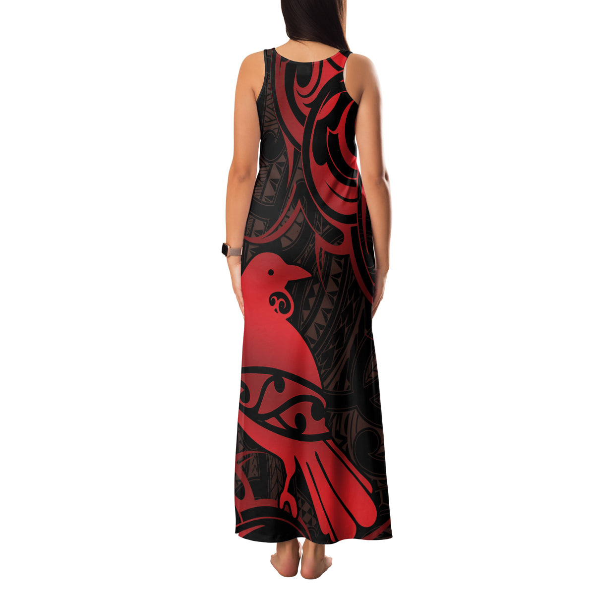 New Zealand Tui Bird Family Matching Tank Maxi Dress and Hawaiian Shirt Aotearoa Maori Pattern - Red