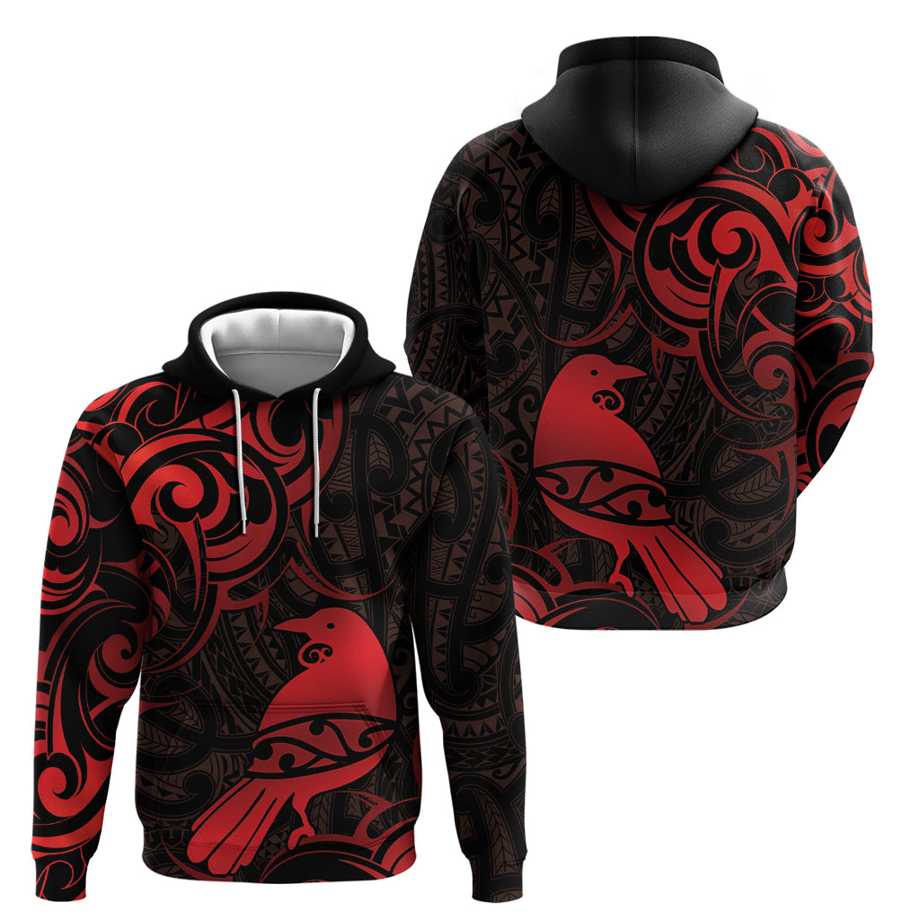 New Zealand Tui Bird Hoodie Aotearoa Maori Pattern - Red