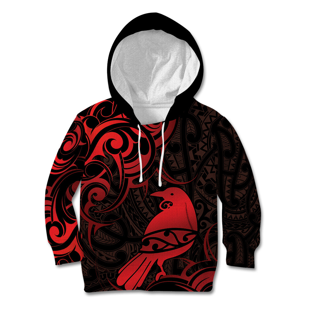 New Zealand Tui Bird Kid Hoodie Aotearoa Maori Pattern - Red LT14 Hoodie Red - Polynesian Pride