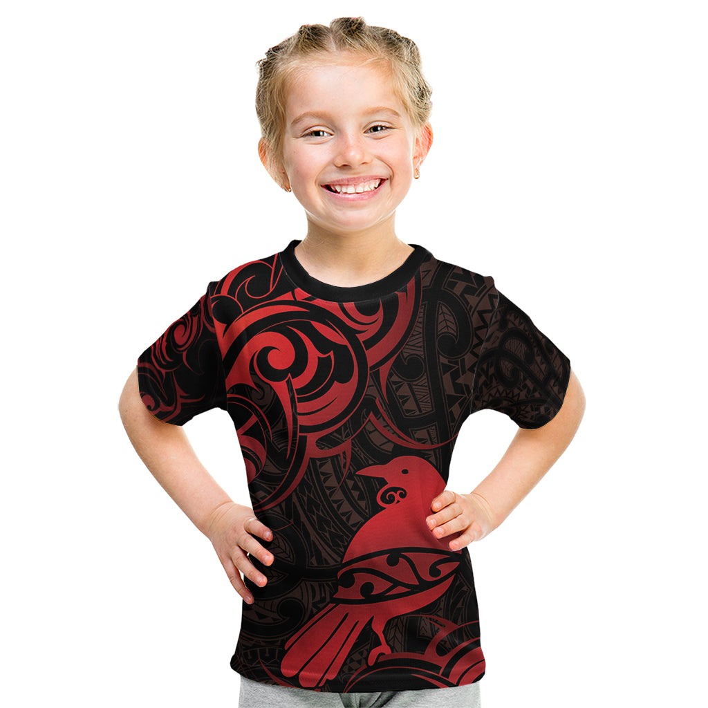 New Zealand Tui Bird Kid T Shirt Aotearoa Maori Pattern - Red LT14 Red - Polynesian Pride