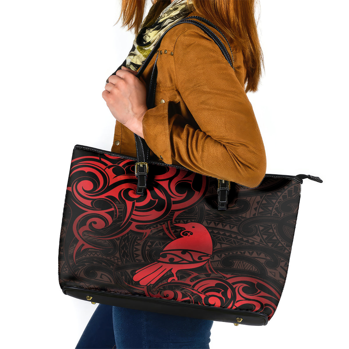 New Zealand Tui Bird Leather Tote Bag Aotearoa Maori Pattern - Red