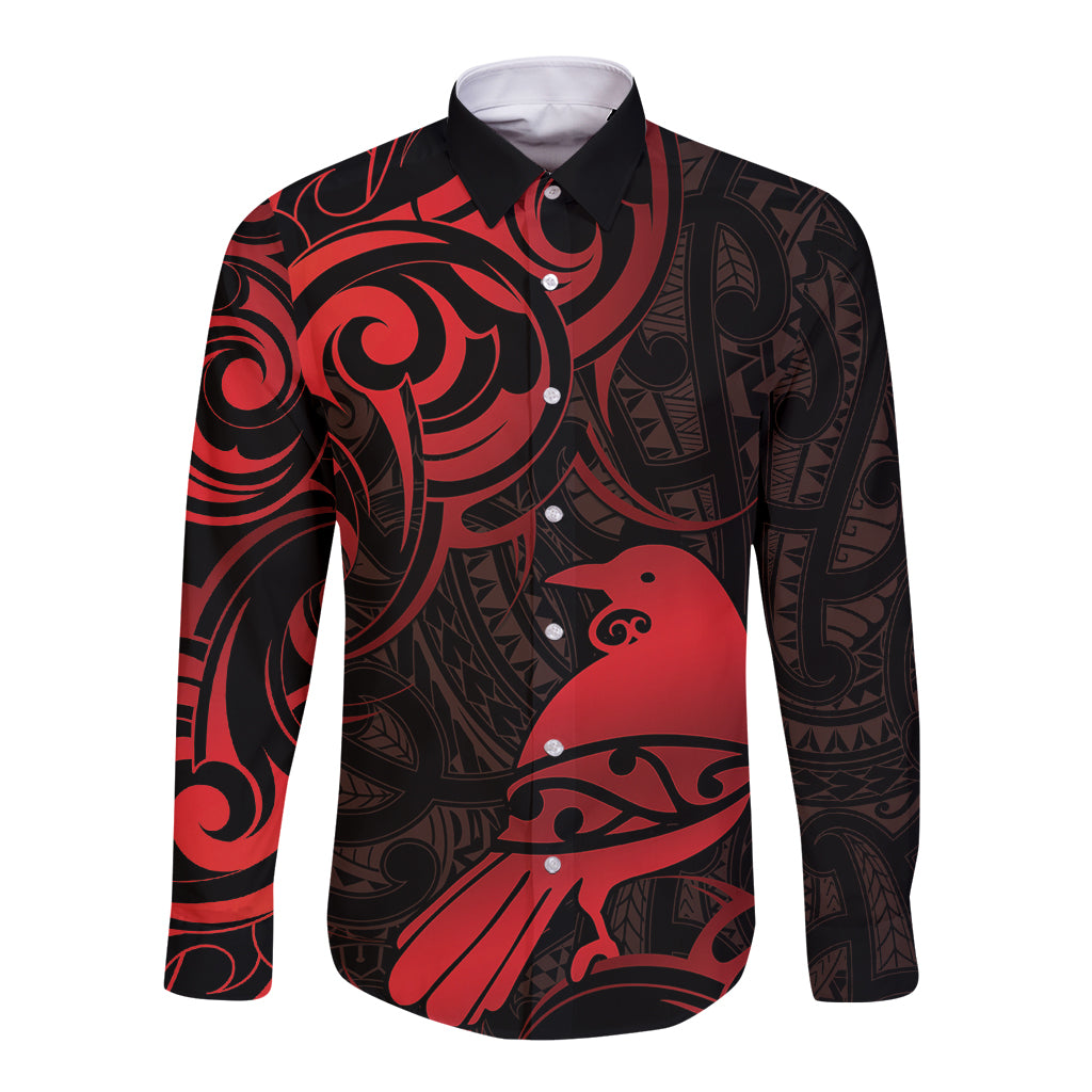 New Zealand Tui Bird Long Sleeve Button Shirt Aotearoa Maori Pattern - Red LT14 Unisex Red - Polynesian Pride