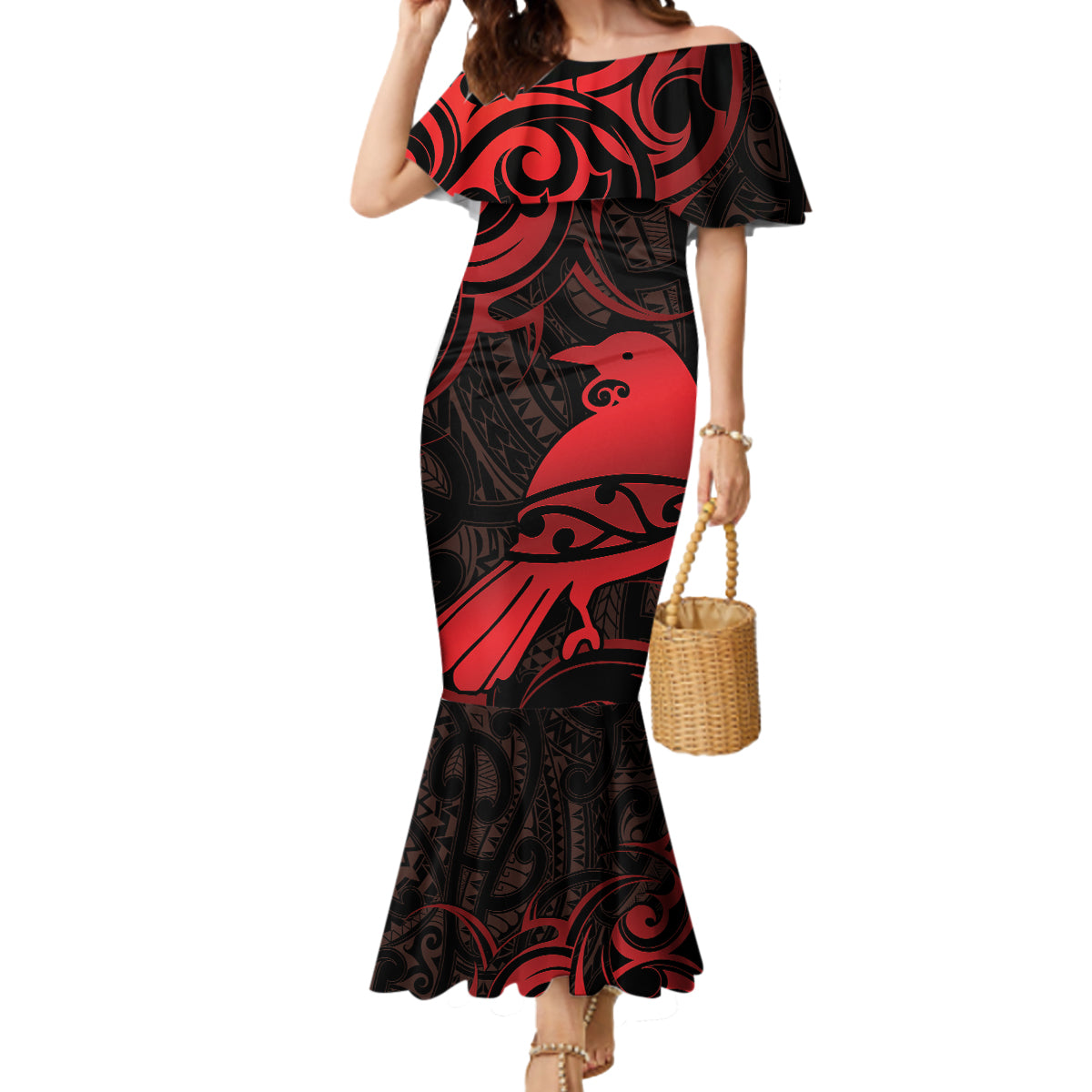 New Zealand Tui Bird Mermaid Dress Aotearoa Maori Pattern - Red