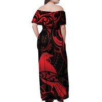 New Zealand Tui Bird Off Shoulder Maxi Dress Aotearoa Maori Pattern - Red LT14 - Polynesian Pride