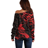 New Zealand Tui Bird Off Shoulder Sweater Aotearoa Maori Pattern - Red