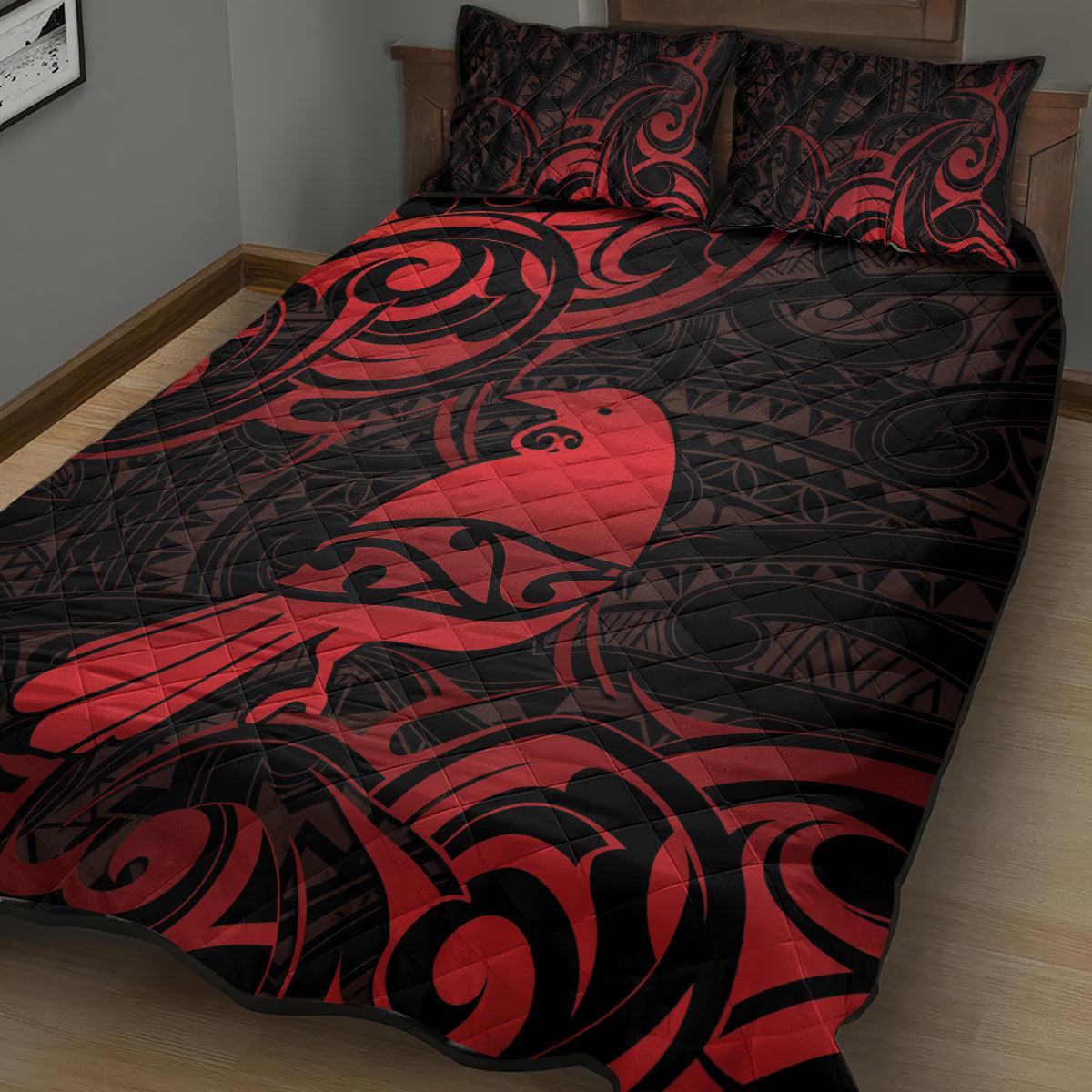 New Zealand Tui Bird Quilt Bed Set Aotearoa Maori Pattern - Red