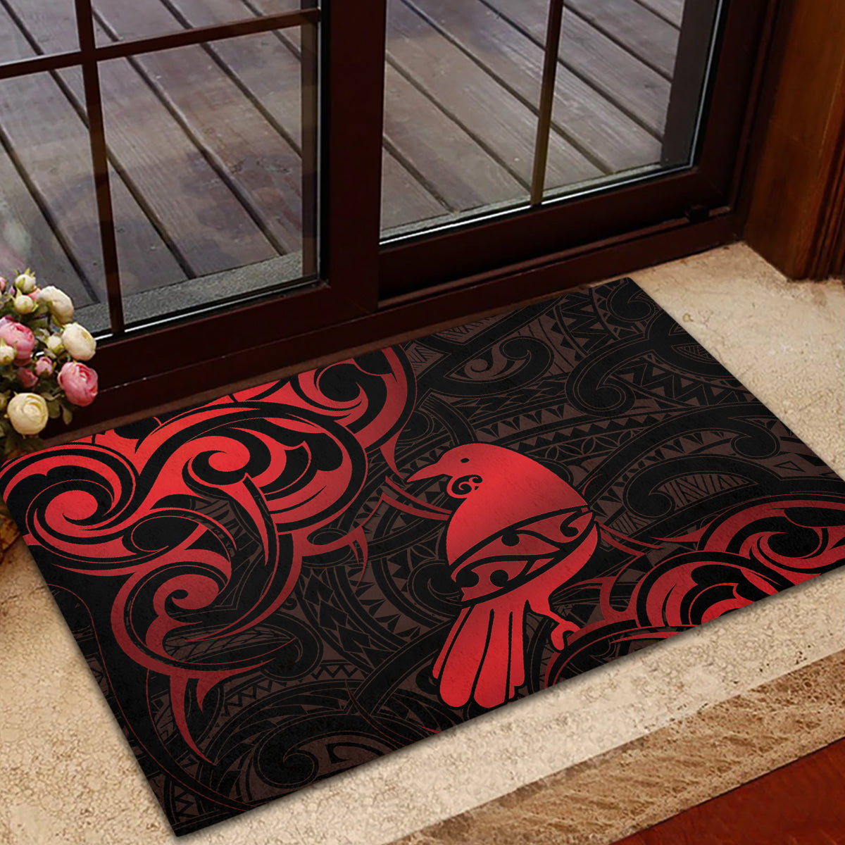 New Zealand Tui Bird Rubber Doormat Aotearoa Maori Pattern - Red LT14 - Polynesian Pride