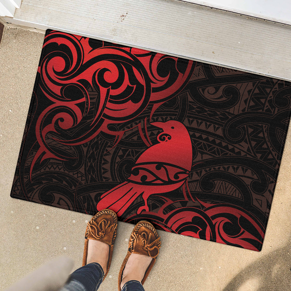 New Zealand Tui Bird Rubber Doormat Aotearoa Maori Pattern - Red LT14 - Polynesian Pride