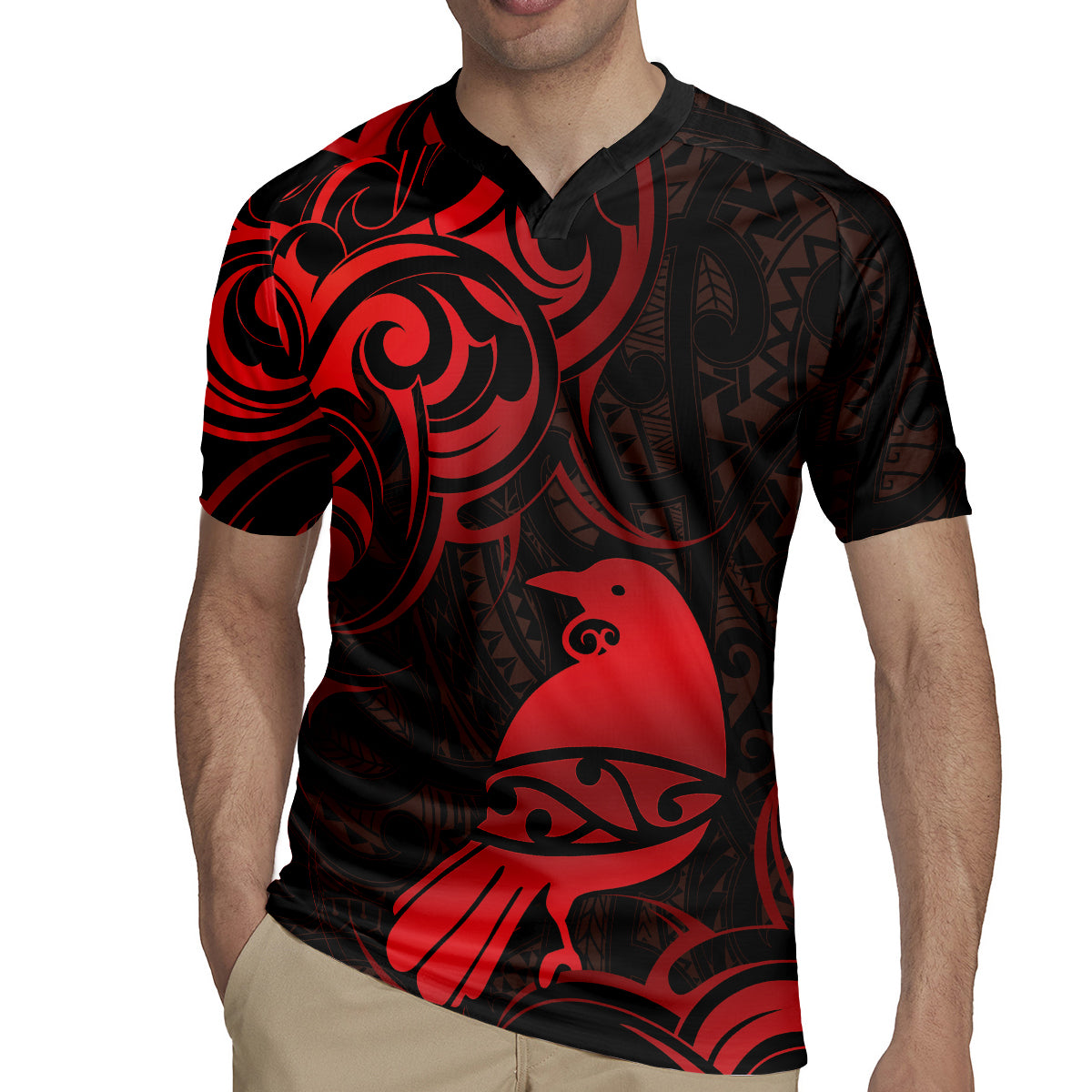 New Zealand Tui Bird Rugby Jersey Aotearoa Maori Pattern - Red
