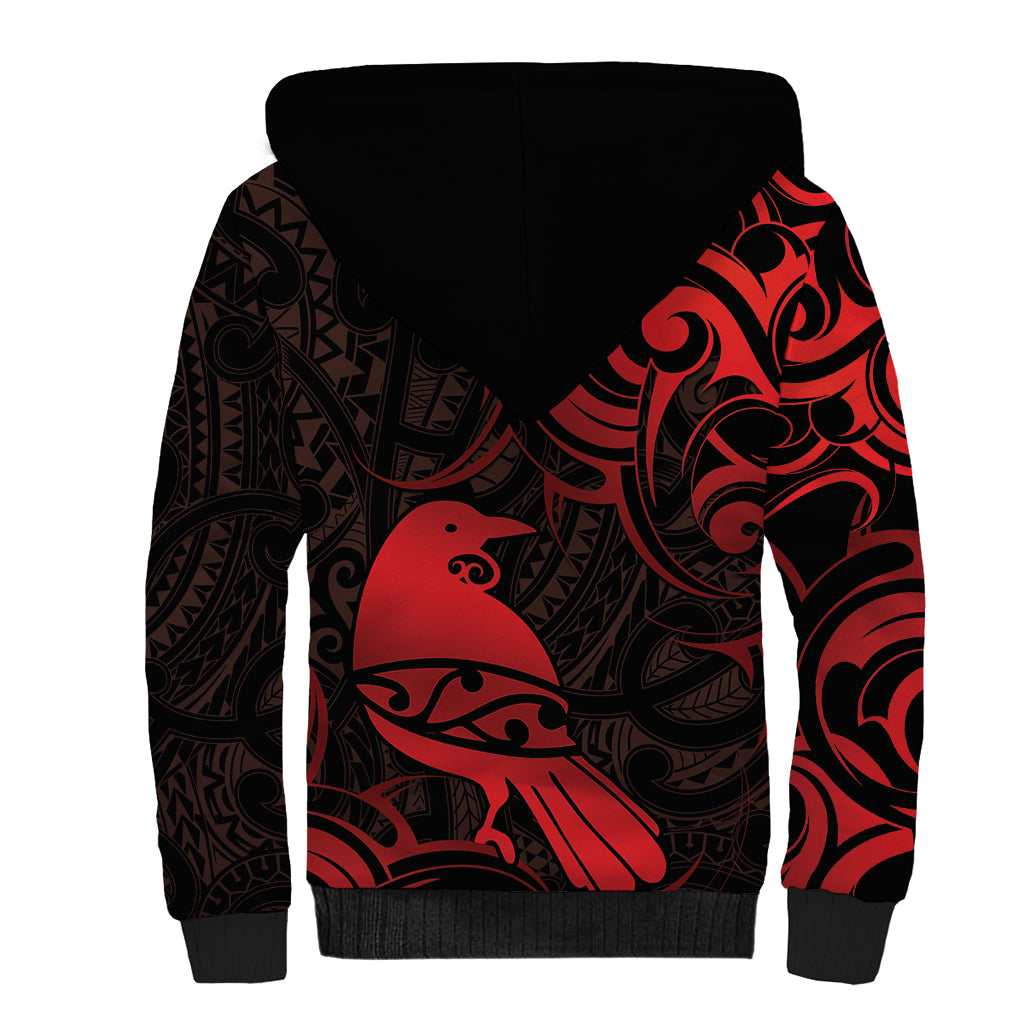 New Zealand Tui Bird Sherpa Hoodie Aotearoa Maori Pattern - Red