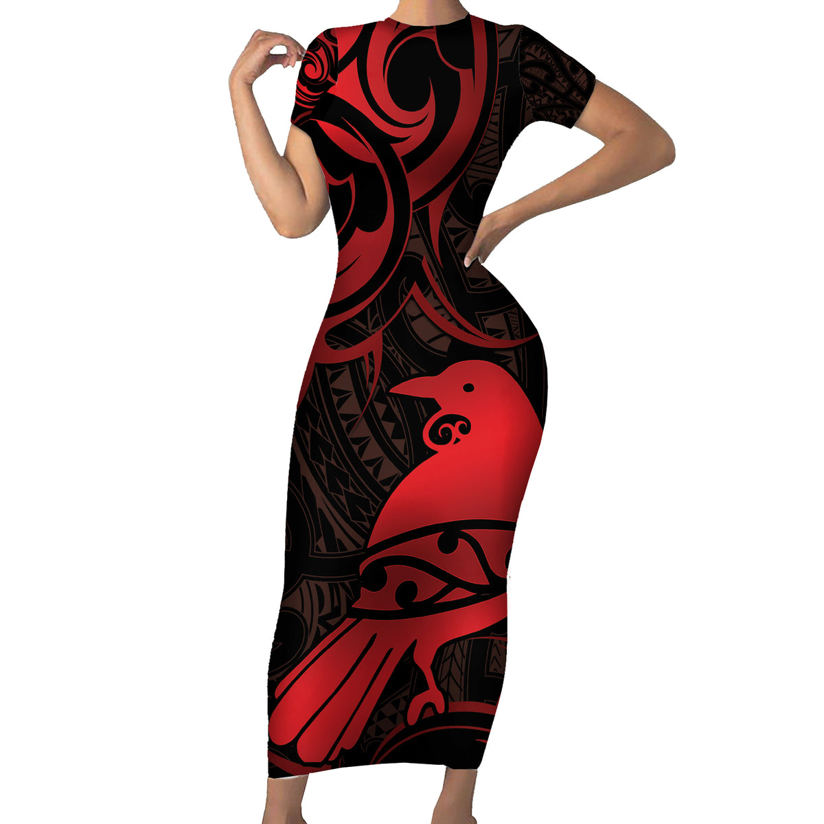 New Zealand Tui Bird Short Sleeve Bodycon Dress Aotearoa Maori Pattern - Red LT14 Long Dress Red - Polynesian Pride