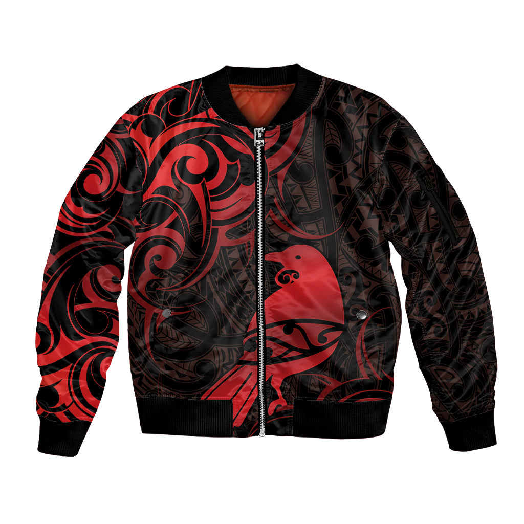 New Zealand Tui Bird Sleeve Zip Bomber Jacket Aotearoa Maori Pattern - Red LT14 Unisex Red - Polynesian Pride