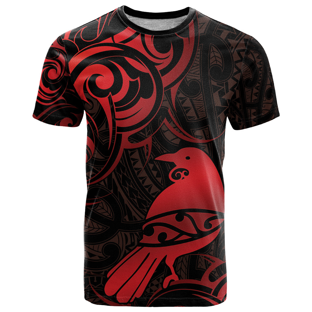 New Zealand Tui Bird T Shirt Aotearoa Maori Pattern - Red LT14 Red - Polynesian Pride