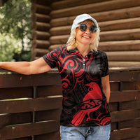 New Zealand Tui Bird Women Polo Shirt Aotearoa Maori Pattern - Red
