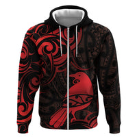 New Zealand Tui Bird Zip Hoodie Aotearoa Maori Pattern - Red