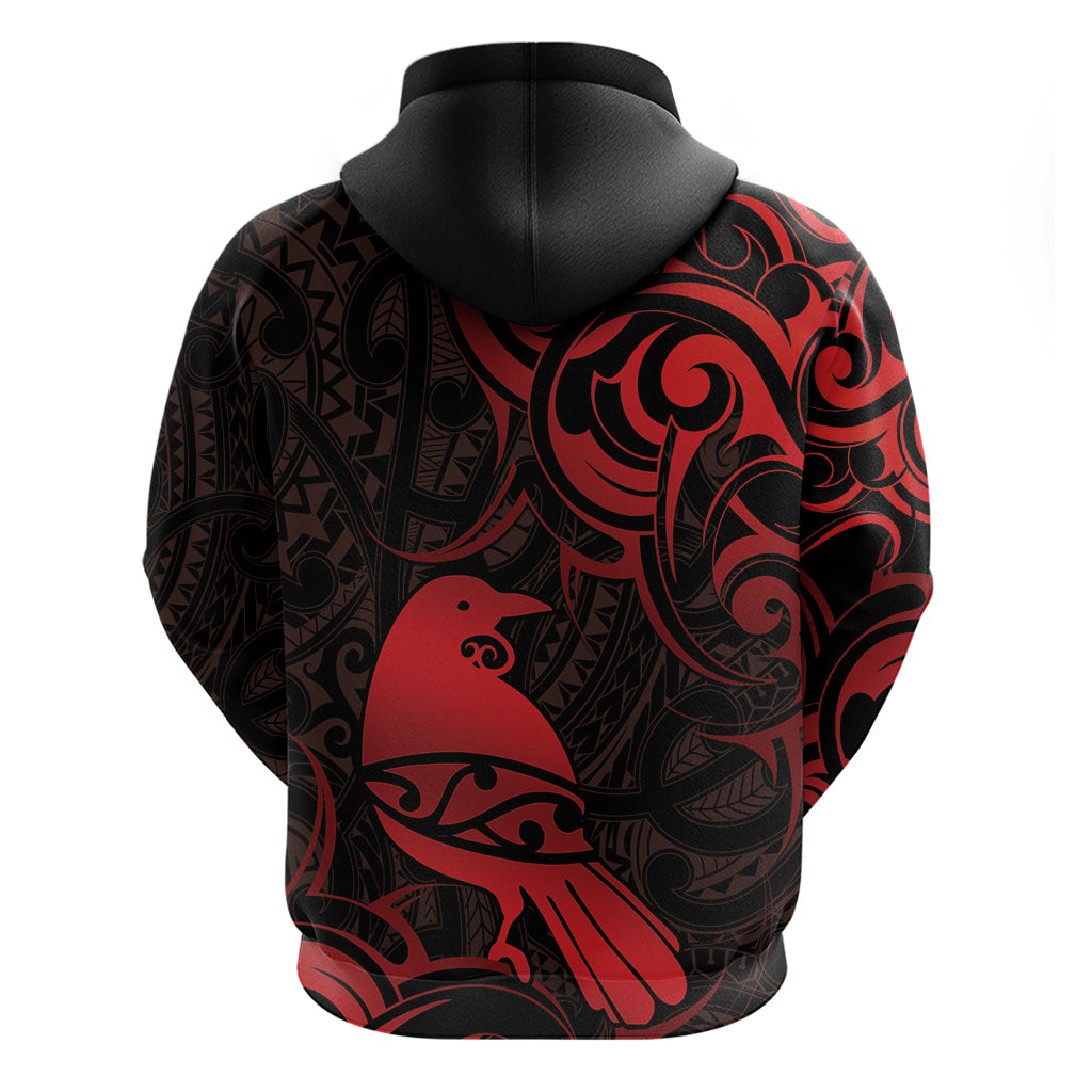 New Zealand Tui Bird Zip Hoodie Aotearoa Maori Pattern - Red