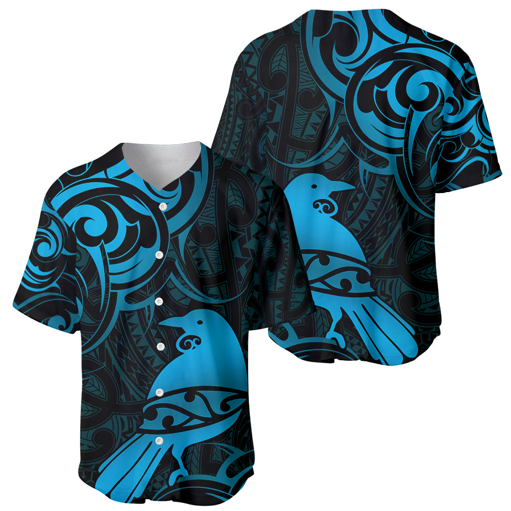 New Zealand Tui Bird Baseball Jersey Aotearoa Maori Pattern - Blue