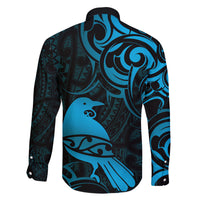 New Zealand Tui Bird Family Matching Off The Shoulder Long Sleeve Dress and Hawaiian Shirt Aotearoa Maori Pattern - Blue LT14 - Polynesian Pride