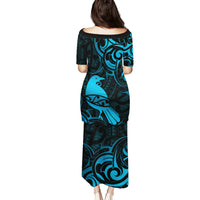 New Zealand Tui Bird Family Matching Puletasi and Hawaiian Shirt Aotearoa Maori Pattern - Blue