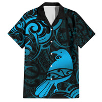 New Zealand Tui Bird Family Matching Short Sleeve Bodycon Dress and Hawaiian Shirt Aotearoa Maori Pattern - Blue LT14 Dad's Shirt - Short Sleeve Blue - Polynesian Pride