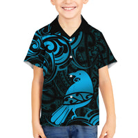 New Zealand Tui Bird Family Matching Short Sleeve Bodycon Dress and Hawaiian Shirt Aotearoa Maori Pattern - Blue LT14 Son's Shirt Blue - Polynesian Pride