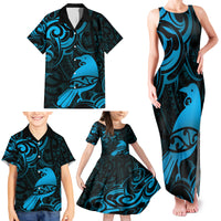 New Zealand Tui Bird Family Matching Tank Maxi Dress and Hawaiian Shirt Aotearoa Maori Pattern - Blue