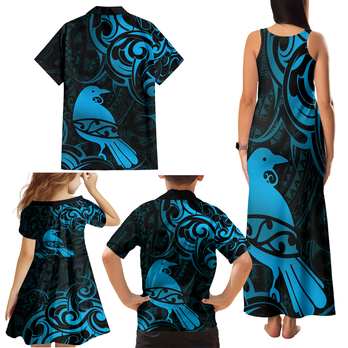 New Zealand Tui Bird Family Matching Tank Maxi Dress and Hawaiian Shirt Aotearoa Maori Pattern - Blue