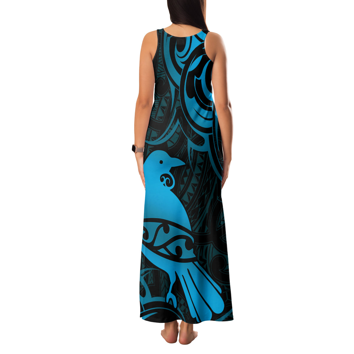 New Zealand Tui Bird Family Matching Tank Maxi Dress and Hawaiian Shirt Aotearoa Maori Pattern - Blue