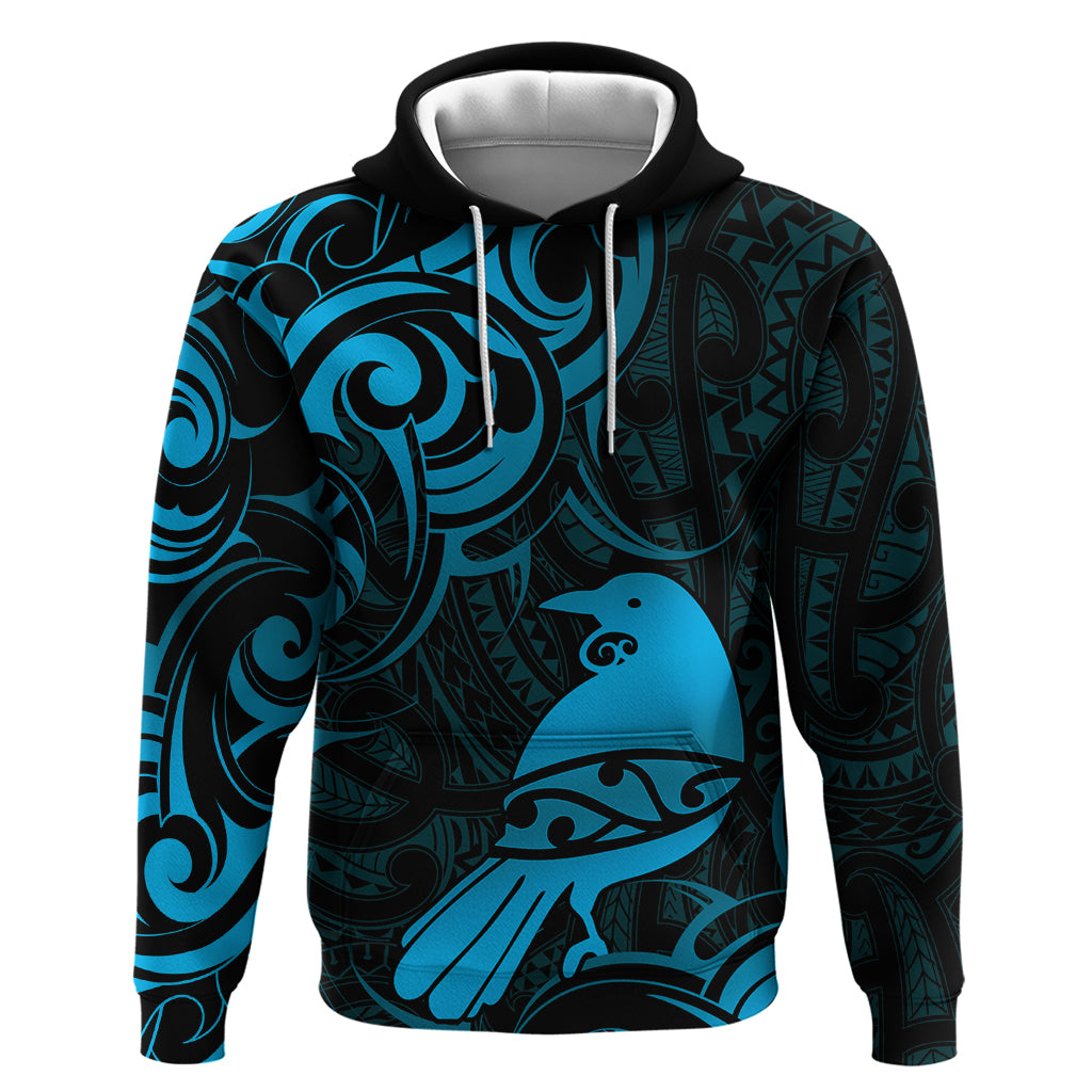 New Zealand Tui Bird Hoodie Aotearoa Maori Pattern - Blue