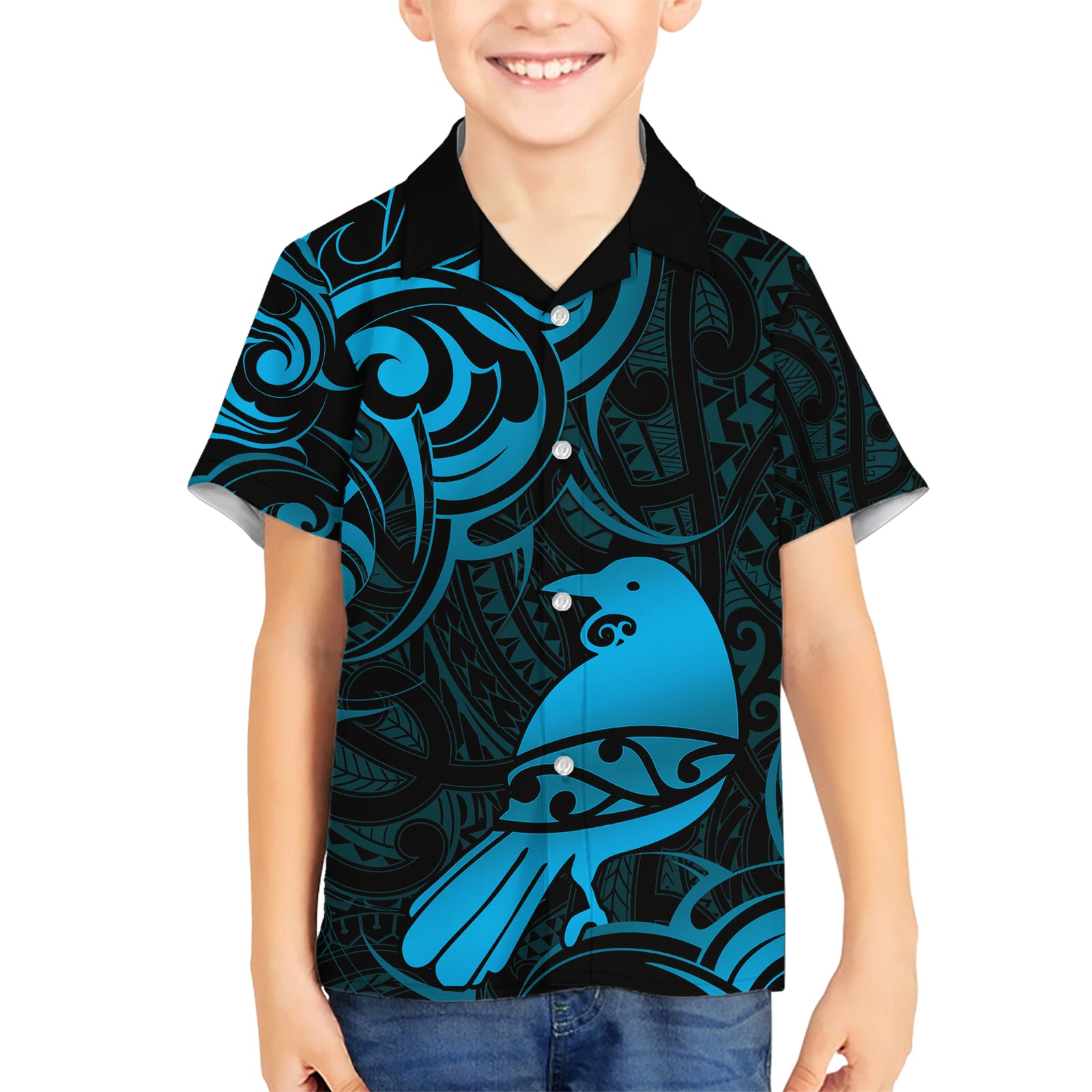 New Zealand Tui Bird Kid Hawaiian Shirt Aotearoa Maori Pattern - Blue LT14 Kid Blue - Polynesian Pride
