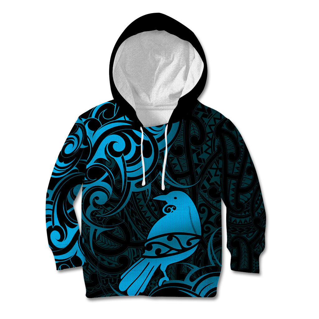 New Zealand Tui Bird Kid Hoodie Aotearoa Maori Pattern - Blue LT14 Hoodie Blue - Polynesian Pride