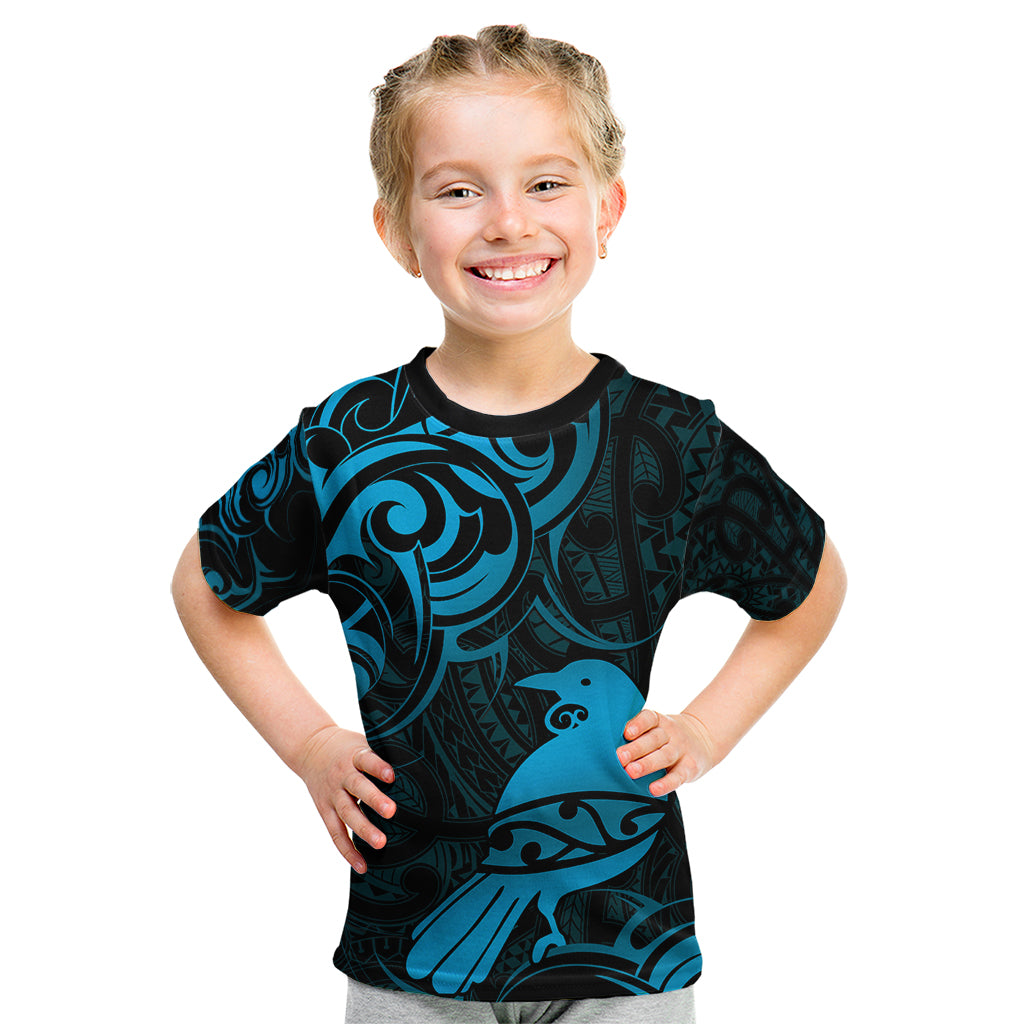 New Zealand Tui Bird Kid T Shirt Aotearoa Maori Pattern - Blue LT14 Blue - Polynesian Pride