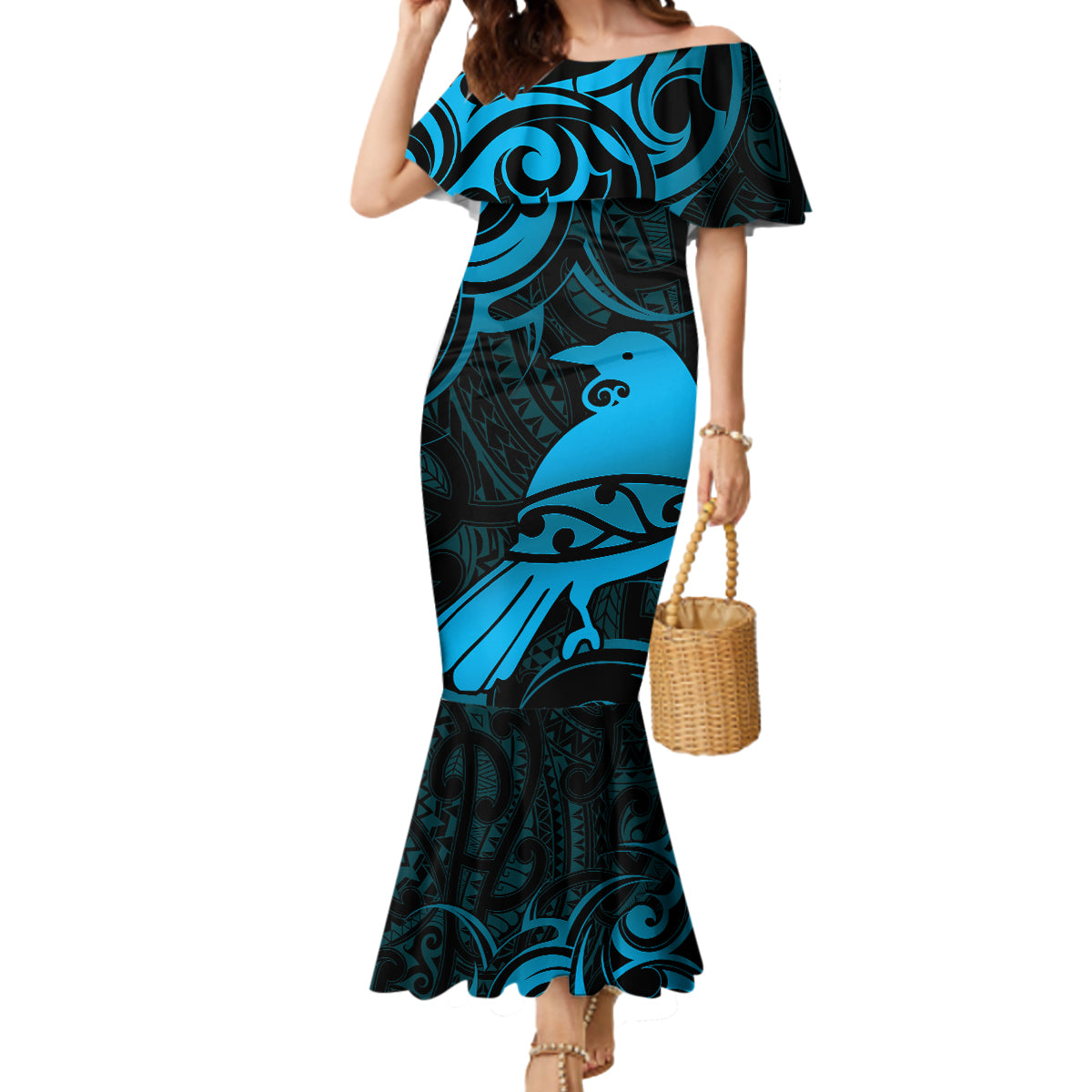 New Zealand Tui Bird Mermaid Dress Aotearoa Maori Pattern - Blue