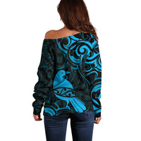 New Zealand Tui Bird Off Shoulder Sweater Aotearoa Maori Pattern - Blue