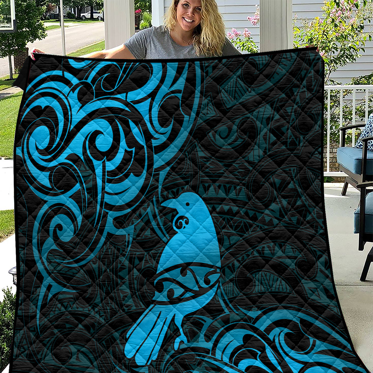 New Zealand Tui Bird Quilt Aotearoa Maori Pattern - Blue LT14 Blue - Polynesian Pride