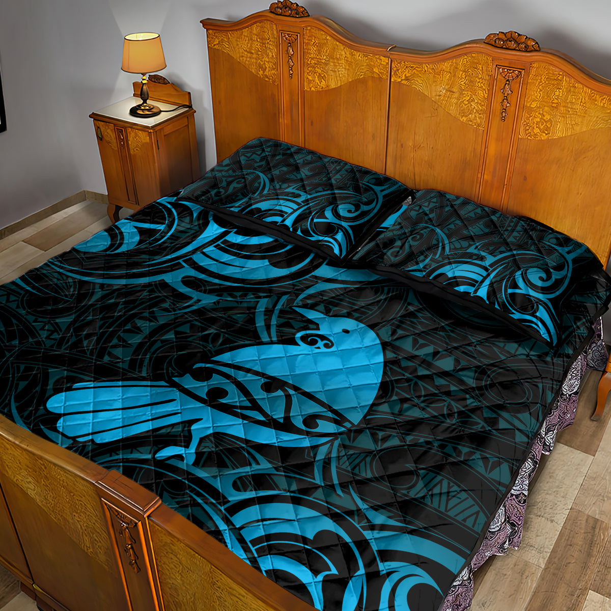 New Zealand Tui Bird Quilt Bed Set Aotearoa Maori Pattern - Blue