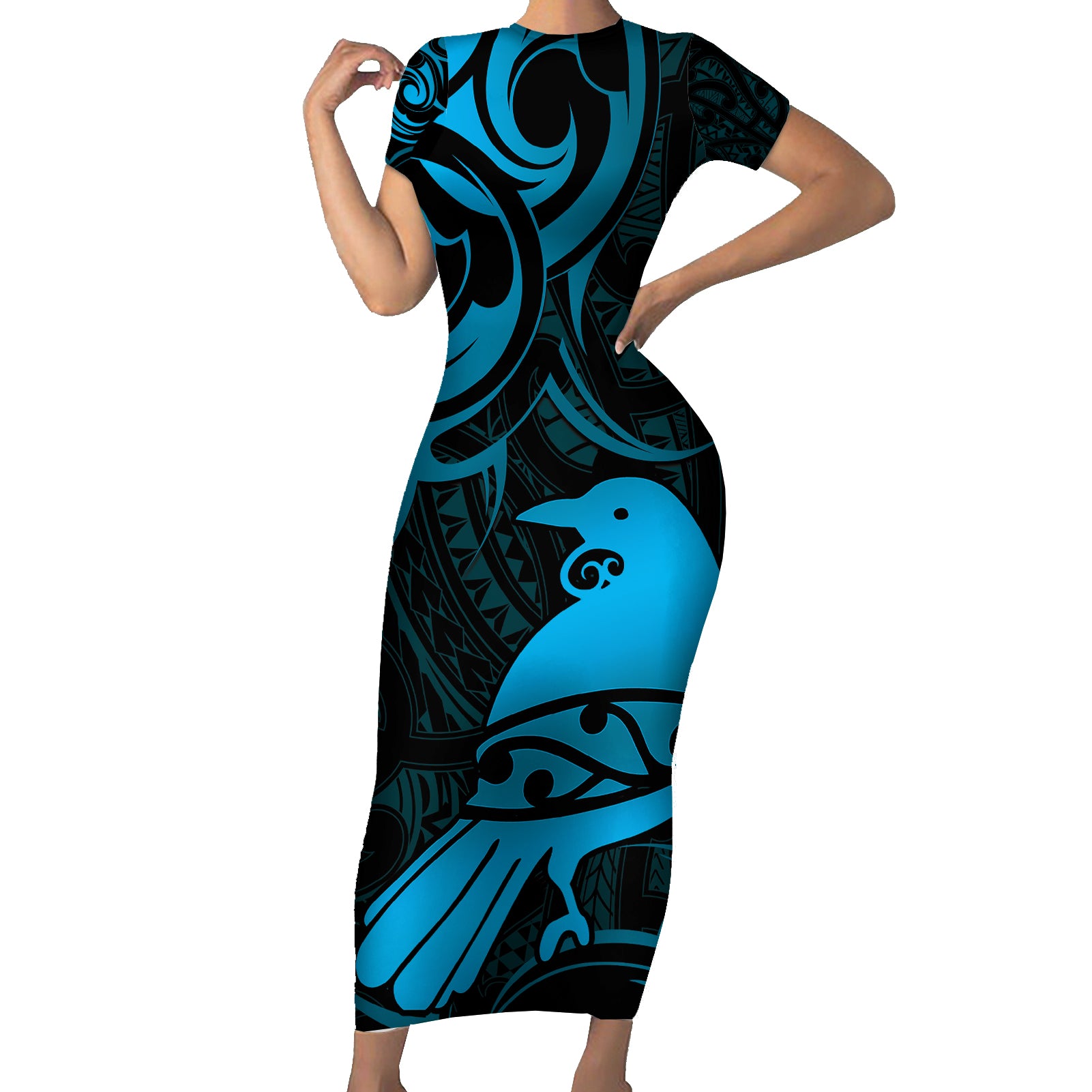 New Zealand Tui Bird Short Sleeve Bodycon Dress Aotearoa Maori Pattern - Blue