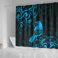 New Zealand Tui Bird Shower Curtain Aotearoa Maori Pattern - Blue