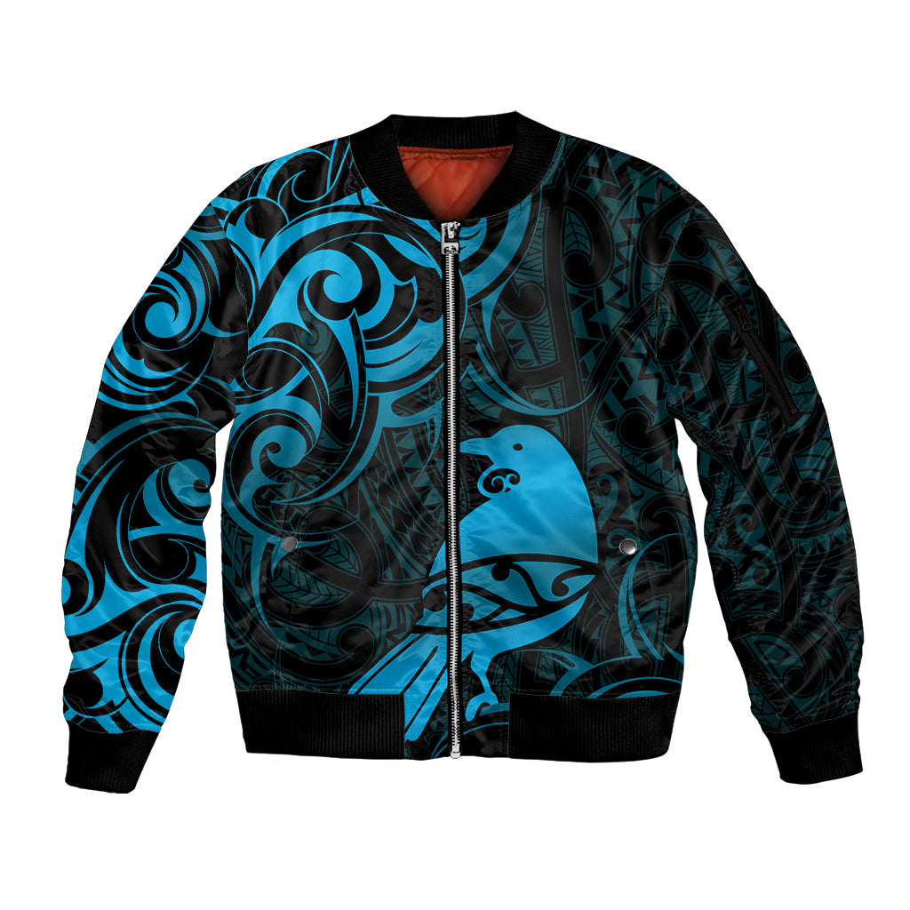 New Zealand Tui Bird Sleeve Zip Bomber Jacket Aotearoa Maori Pattern - Blue
