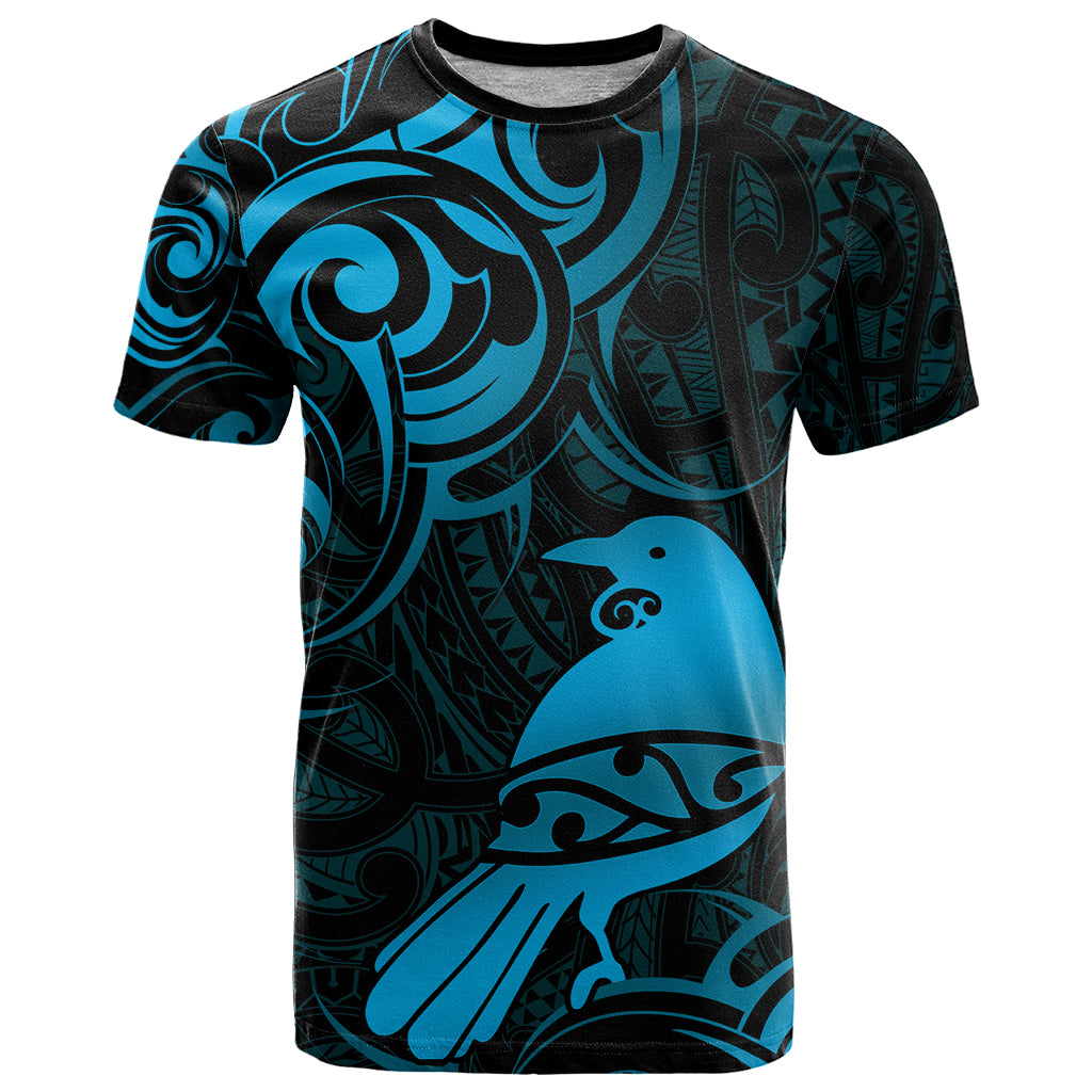 New Zealand Tui Bird T Shirt Aotearoa Maori Pattern - Blue LT14 Blue - Polynesian Pride