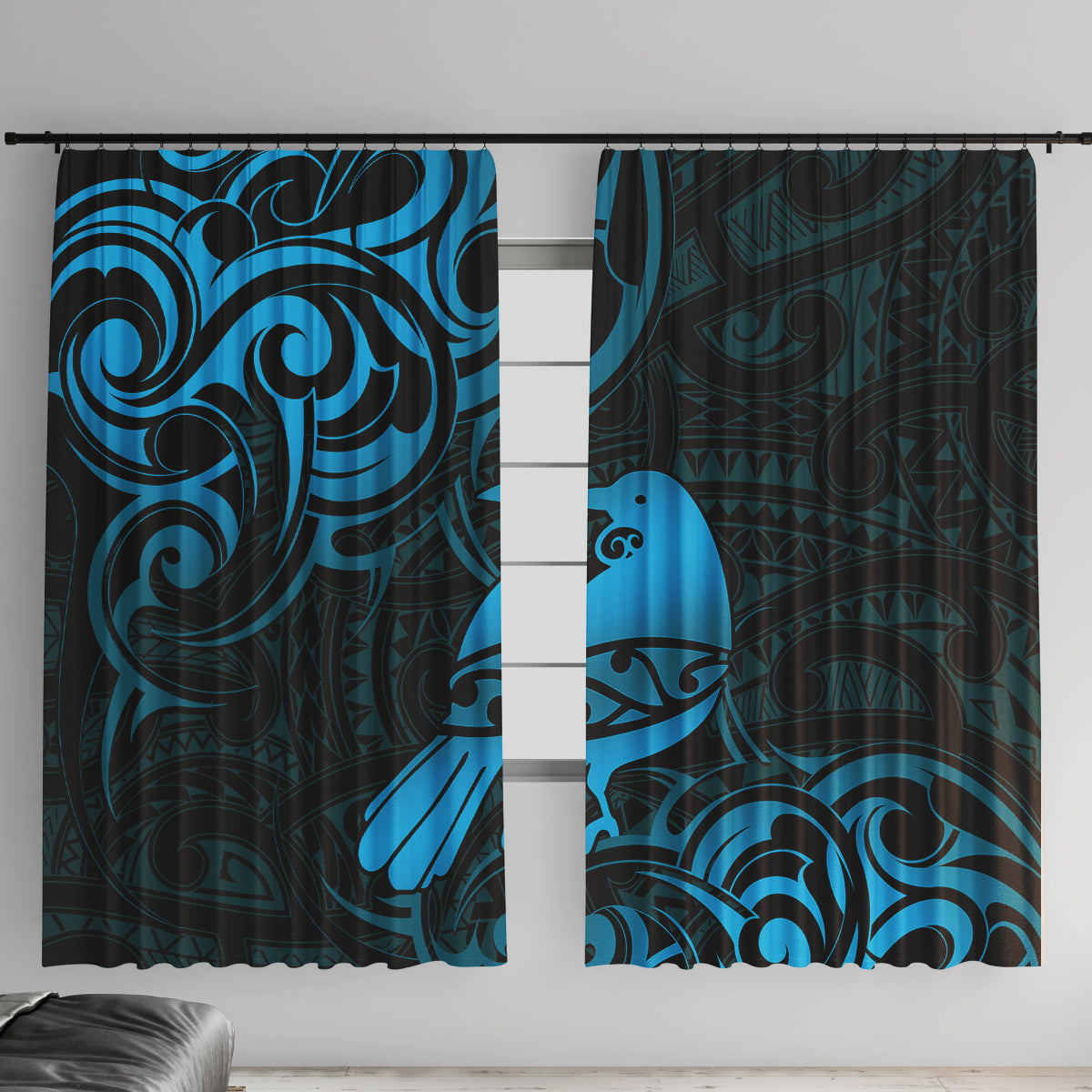 New Zealand Tui Bird Window Curtain Aotearoa Maori Pattern - Blue LT14 With Hooks Blue - Polynesian Pride