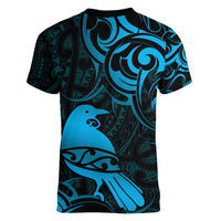 New Zealand Tui Bird Women V-Neck T-Shirt Aotearoa Maori Pattern - Blue