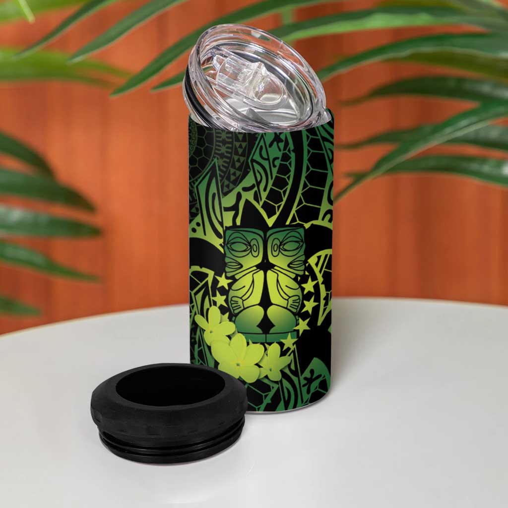 Kia Orana Kuki Airani 4 in 1 Can Cooler Tumbler Cook Islands Tangaroa God Tatau Green