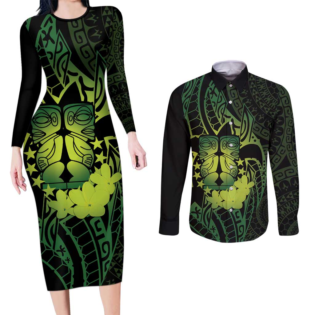Kia Orana Kuki Airani Couples Matching Long Sleeve Bodycon Dress and Long Sleeve Button Shirt Cook Islands Tangaroa God Tatau Green