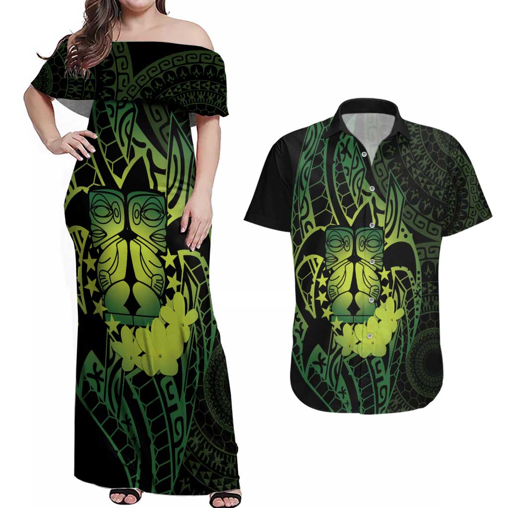 Kia Orana Kuki Airani Couples Matching Off Shoulder Maxi Dress and Hawaiian Shirt Cook Islands Tangaroa God Tatau Green